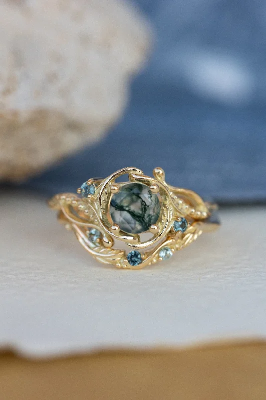 1 carat moss agate and accent teal sapphires engagement ring set, nature inspired bridal ring set / Undina