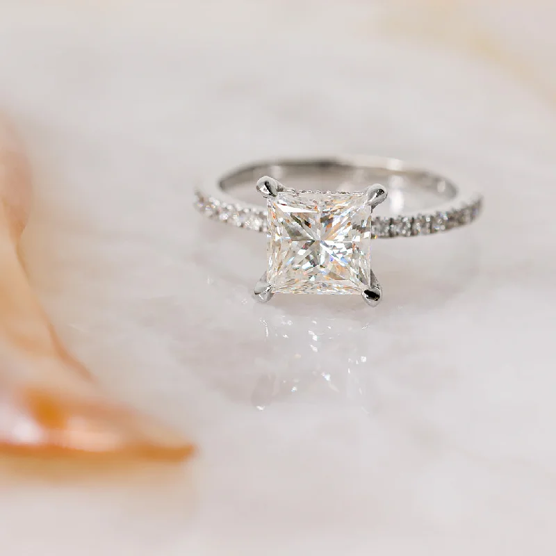 Night Light Hidden Halo Natural Princess  Diamond Engagement Ring