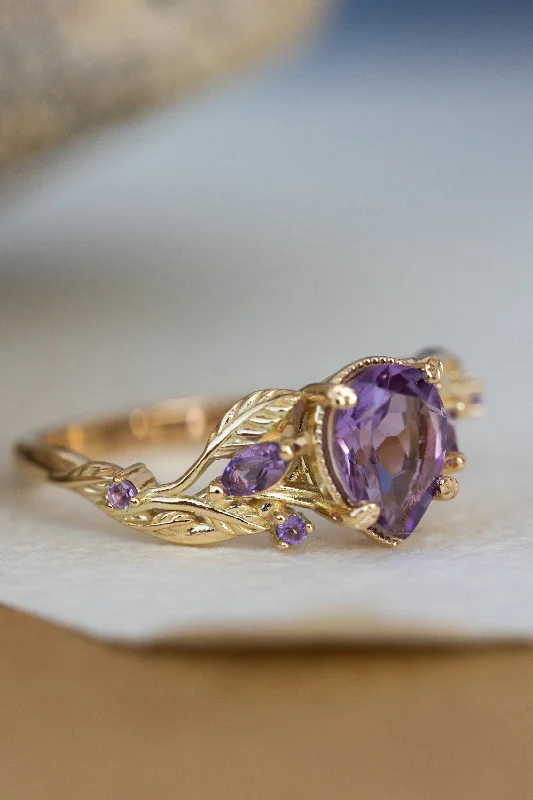 Amethyst engagement ring, gold vines and leaves proposal ring / Patricia