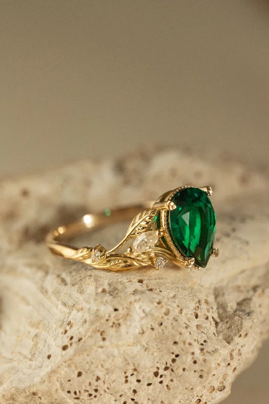 Gorgeous lab emerald twig engagement ring with diamonds  / Patricia