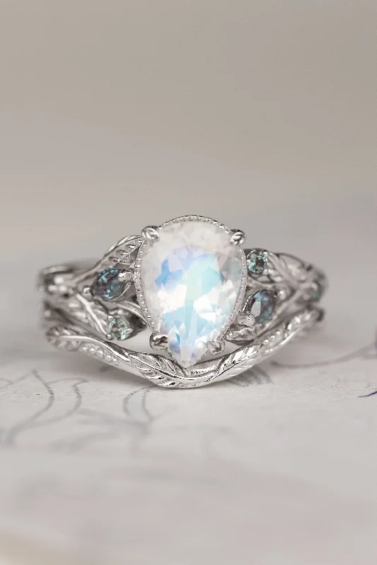 Big pear moonstone bridal ring set, engagement ring set with accent alexandrites / Patricia