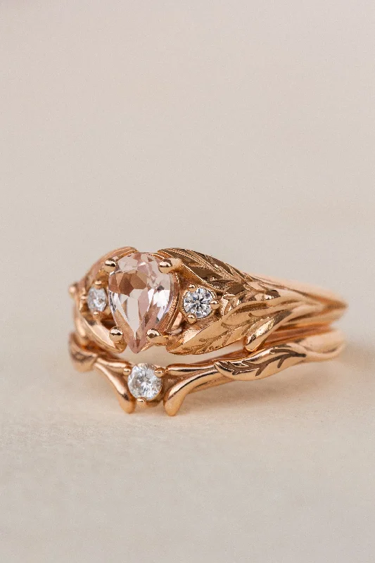 Natural rose morganite and side diamonds bridal ring set / Wisteria