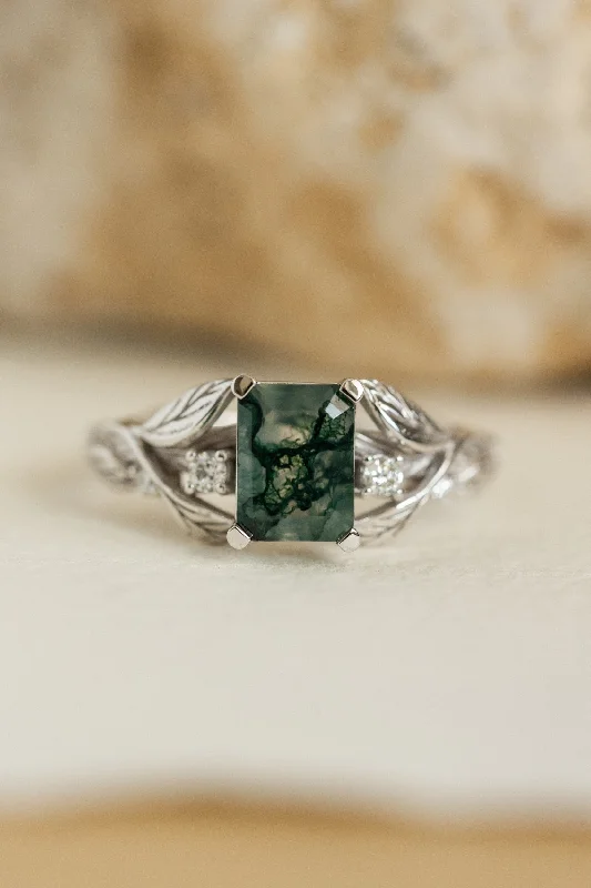 Emerald cut moss agate engagement ring, gold leafy ring with diamonds / Clematis