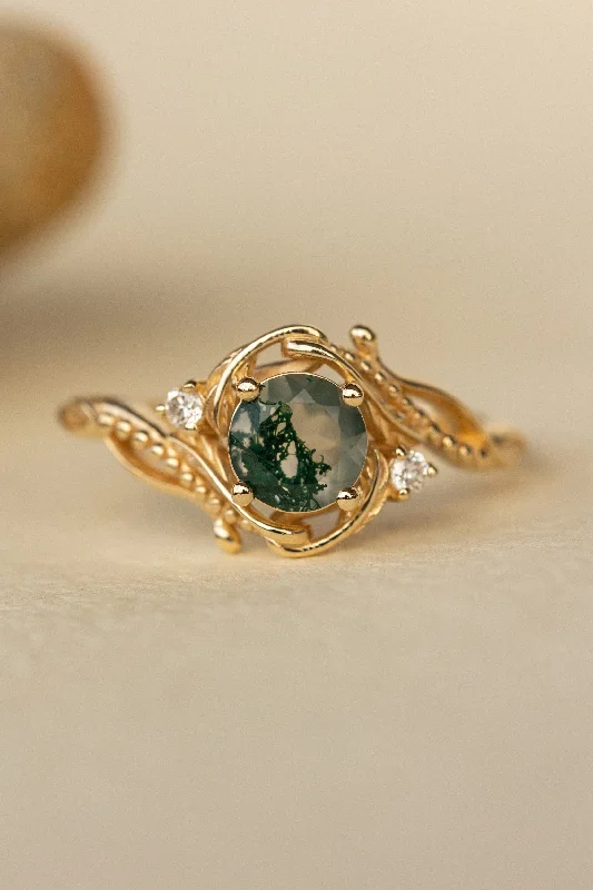 Natural moss agate yellow gold engagement ring with accent diamonds, nature themed proposal gold ring with diamonds / Undina