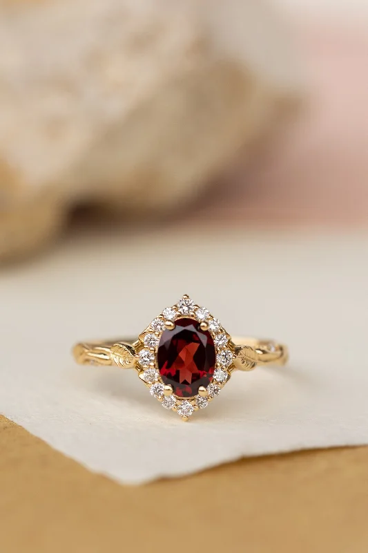 Oval garnet engagement ring with diamond halo, solid gold leaf ring / Florentina