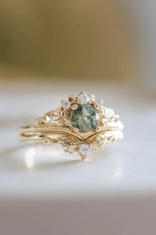 READY TO SHIP: Ariadne bridal ring set in 14K yellow gold, natural moss agate 5 mm, accent moissanite , AVAILABLE RING SIZES: 5.5 - 8.5 US