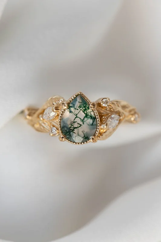 READY TO SHIP: Patricia ring in 14K yellow gold, natural moss agate pear cut 8x6 mm, accent moissanites, AVAILABLE RING SIZES: 5 - 8 US