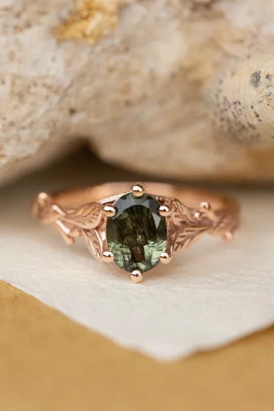 READY TO SHIP: Freesia Rutile peridot engagement ring rose gold, 8x6 mm oval cut, AVAILABLE RING SIZES: 5.5 - 8.5 US