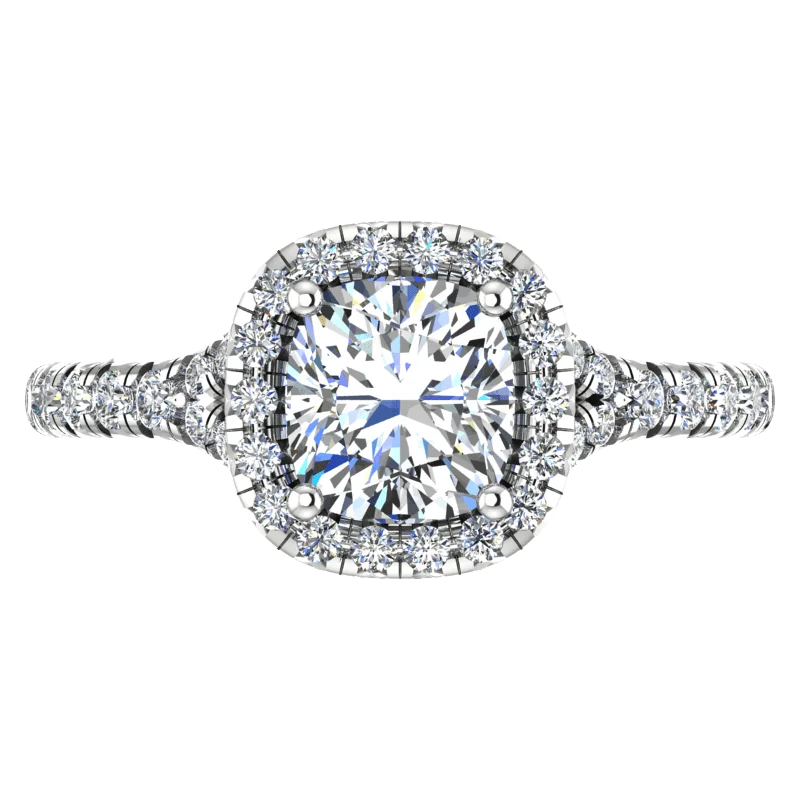 Cushion Cut Diamond Halo Engagement Ring with Side Stones