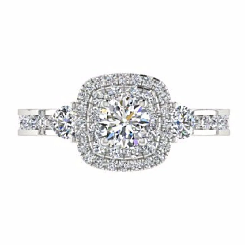 Double Cushion Halo Round Diamond Engagement Ring with Side Stones 18K Gold