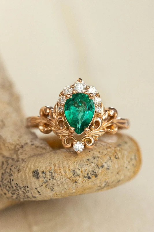 Emerald baroque style engagement ring, rose gold engagement ring with diamonds / Sophie