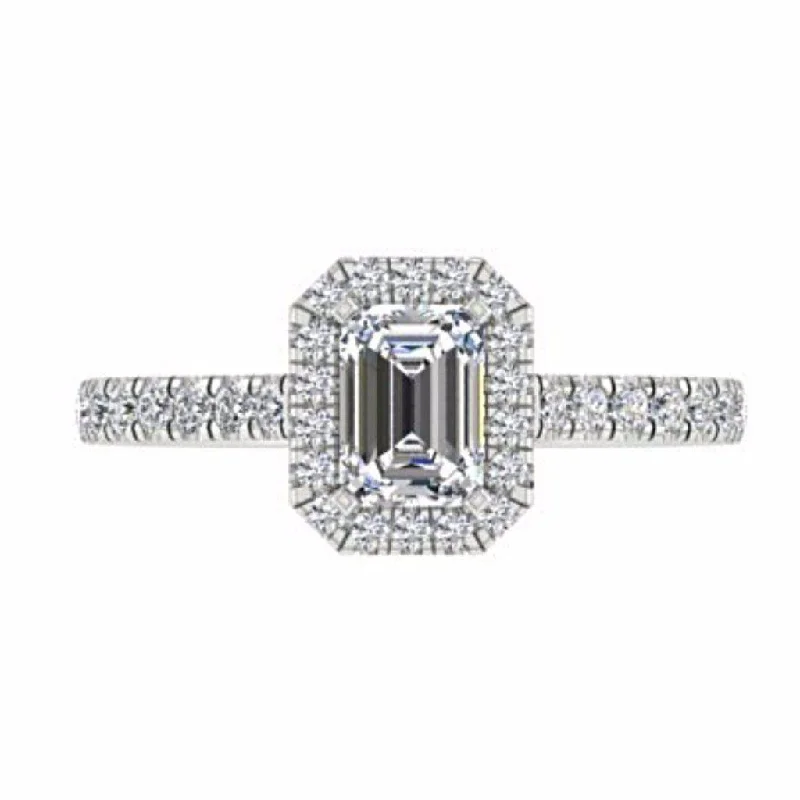 Emerald Cut Diamond Halo Engagement Ring with Side Stones 18K Gold