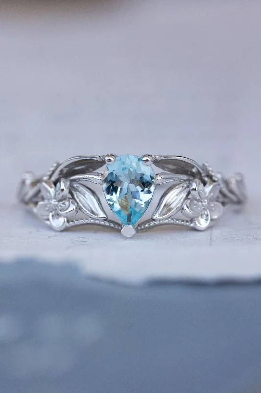 Gold flower engagement ring with natural aquamarine, art nouveau proposal ring / Eloise