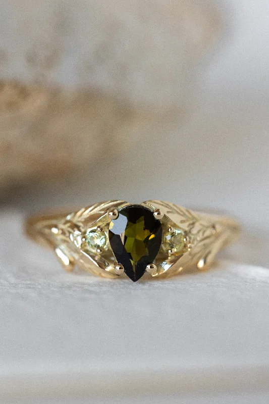 Green tourmaline engagement ring, gold leaf ring with side yellow sapphires / Wisteria