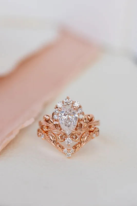 Lab grown diamond engagement ring set, nature inspired rose gold bridal ring set with diamond halo / Sophie