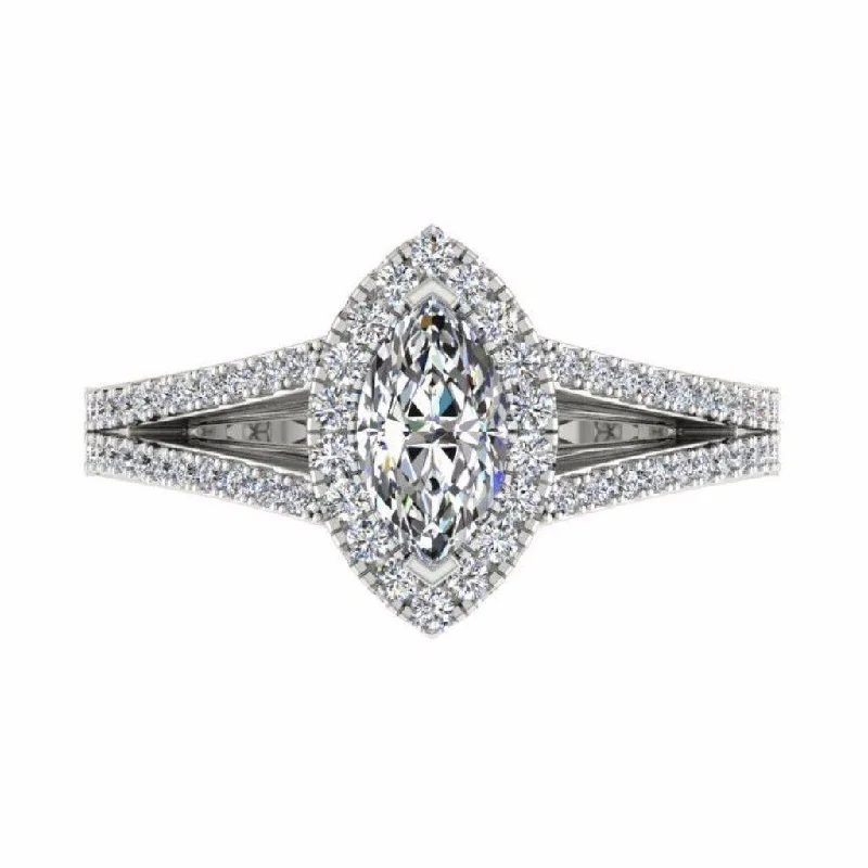 Marquise Diamond Split Shank Engagement Ring with Side Stones 18K Gold