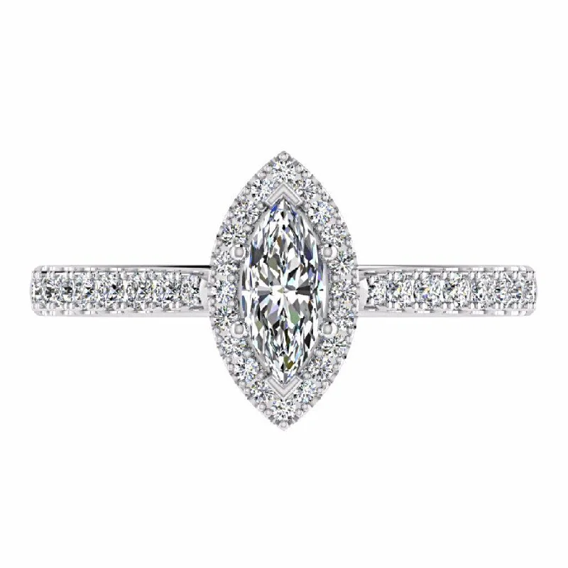 Marquise Diamond Halo Side Stone Engagement Ring 18K Gold Setting