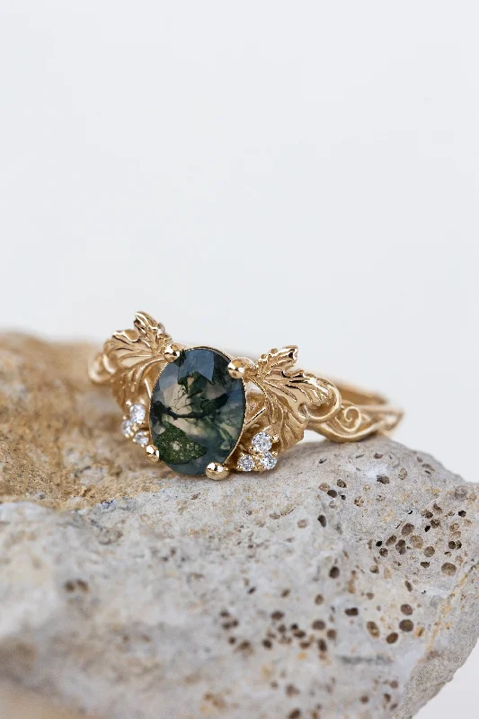 Moss agate and diamonds engagement ring, gold leaf and vine engagement ring / Vineyard