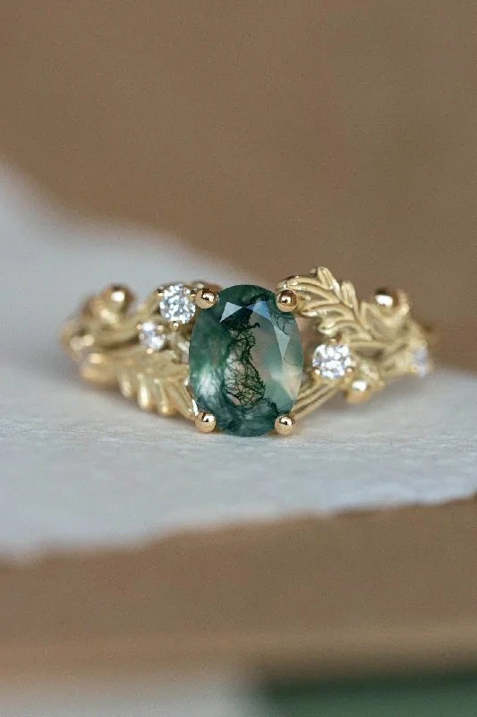 Moss agate engagement ring, gold oak leaves and diamonds proposal ring / Silviya