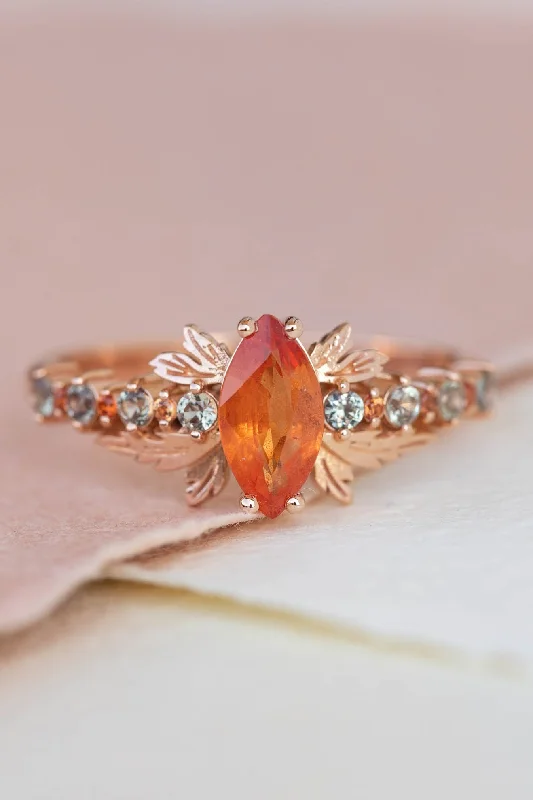 Multi sapphire engagement ring, nature inspired ring with orange sapphire / Verbena