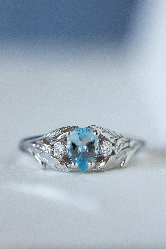 Natural aquamarine engagement ring with side diamonds / Wisteria