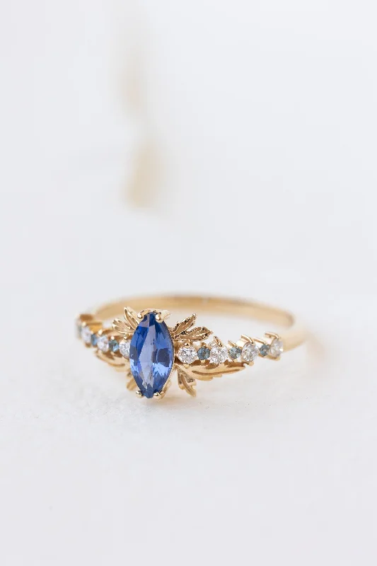 Natural blue sapphire engagement ring with small diamonds & sapphires / Verbena