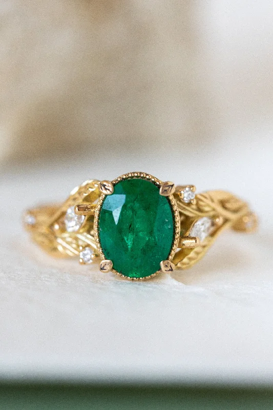 Natural emerald and diamonds engagement ring, gold nature inspired engagement ring / Patricia