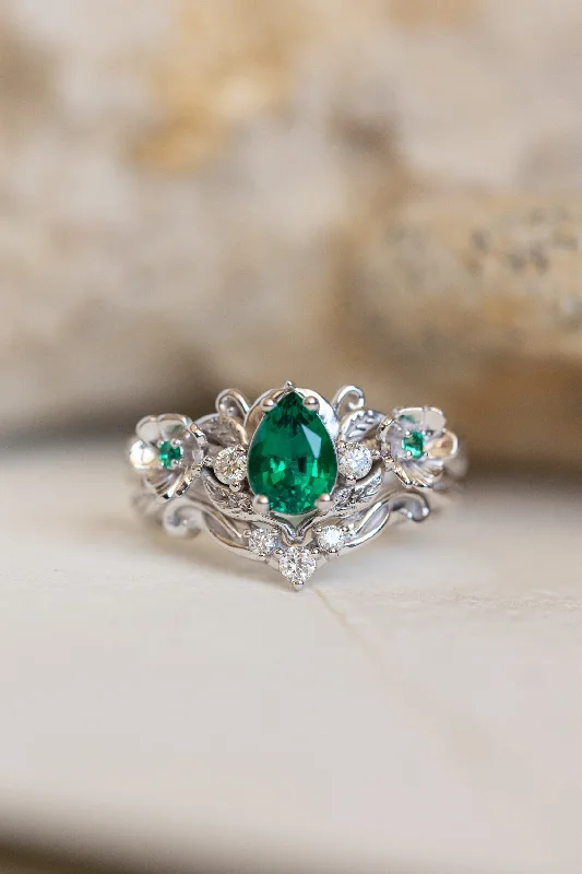 Lab-created emerald engagement ring set, unique flower style bridal ring set / Adelina