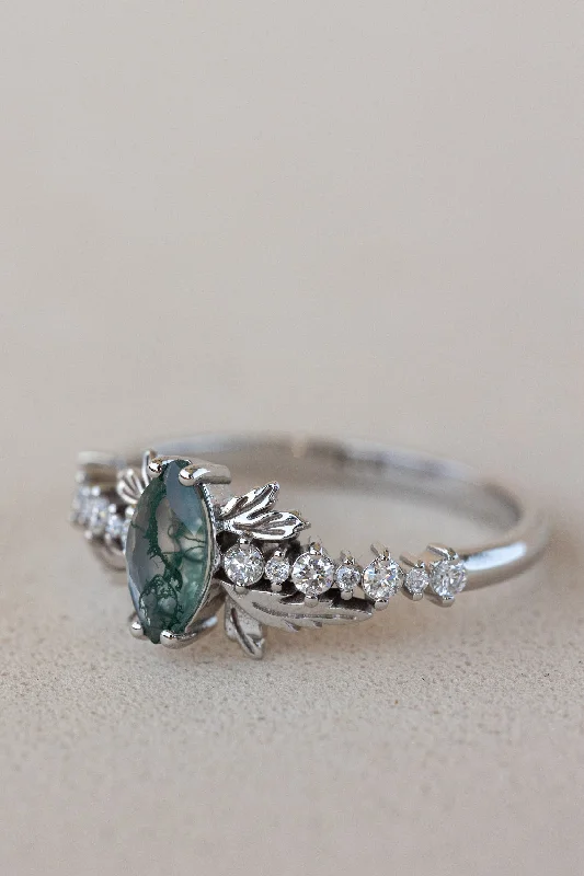 Natural moss agate engagement ring with diamonds, nature inspired gold leaf ring / Verbena