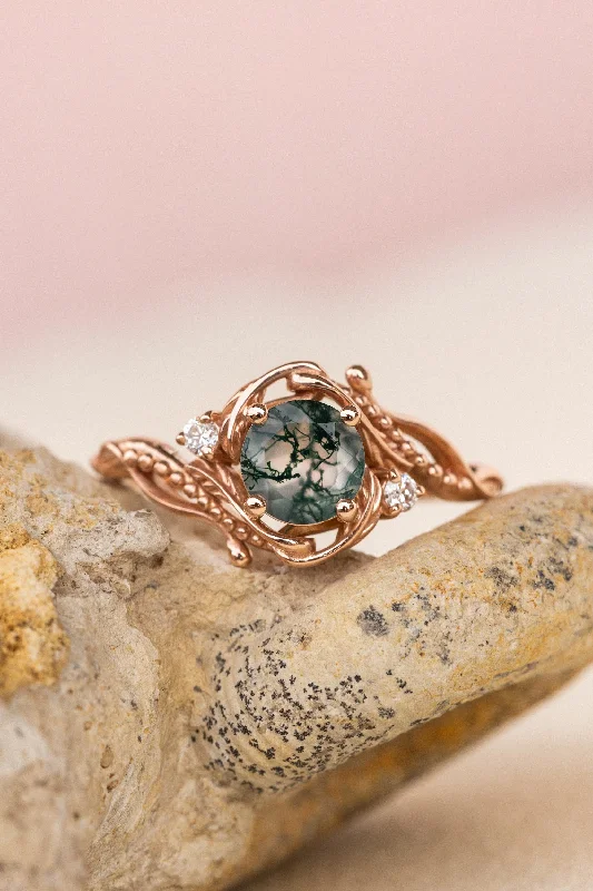 Rose gold engagement ring with moss agate and diamond accents / Undina