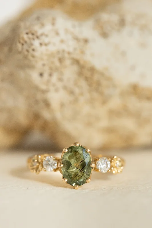 Rutile peridot engagement ring, flower engagement ring with diamonds / Fiorella