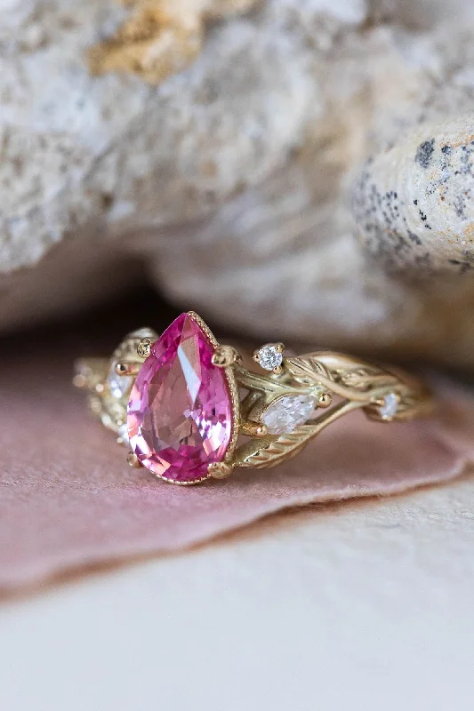 Natural pink spinel engagement ring, gold nature inspired engagement ring with leaves and diamonds / Patricia