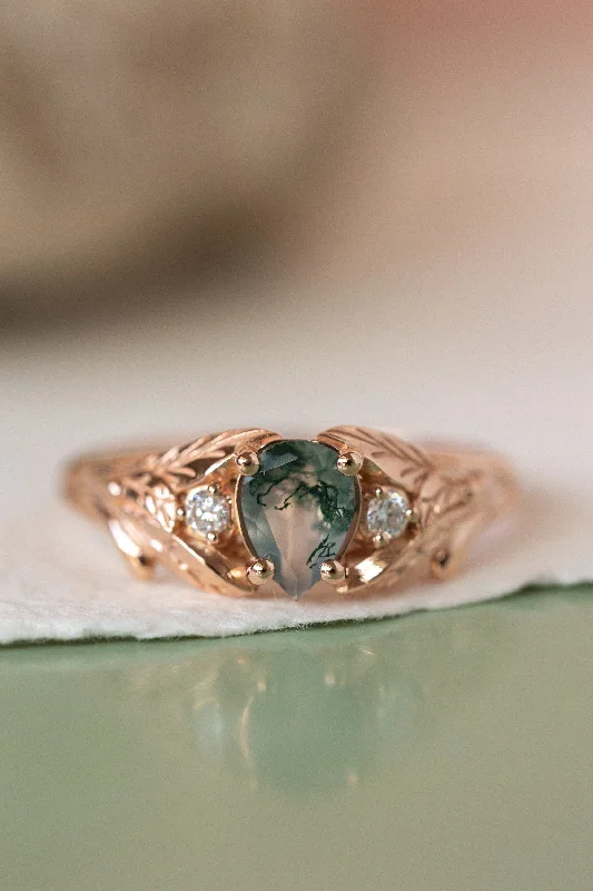 One of a kind moss agate engagement ring, gold engagement ring with accent diamonds / Wisteria