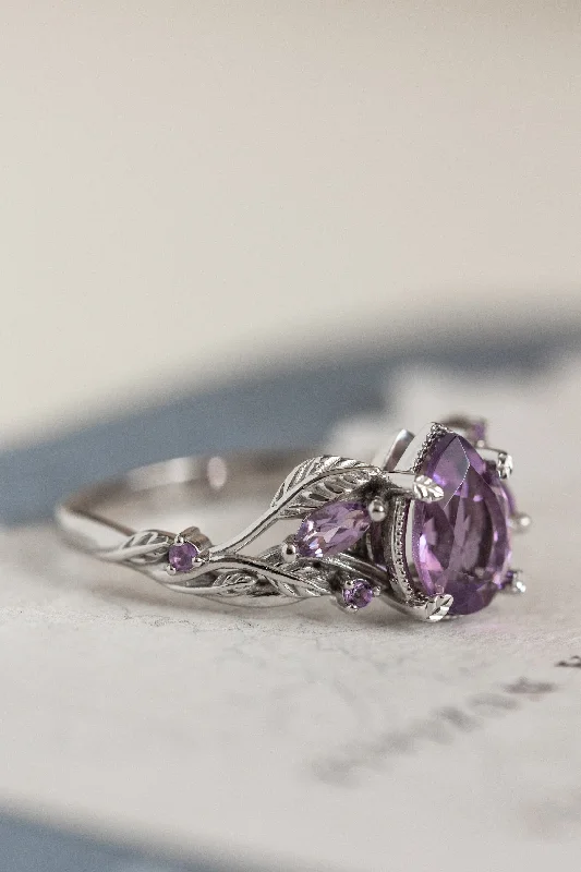 Purple amethyst leafy ring, non-traditional engagement ring for nature lover / Patricia