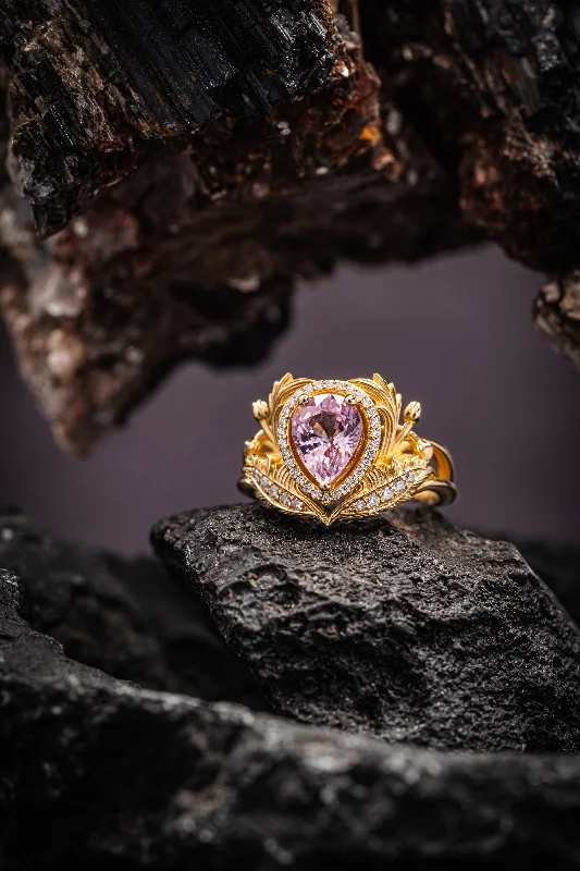 Pear pink sapphire engagement ring, gold nature inspired ring with diamond halo / Adonis halo