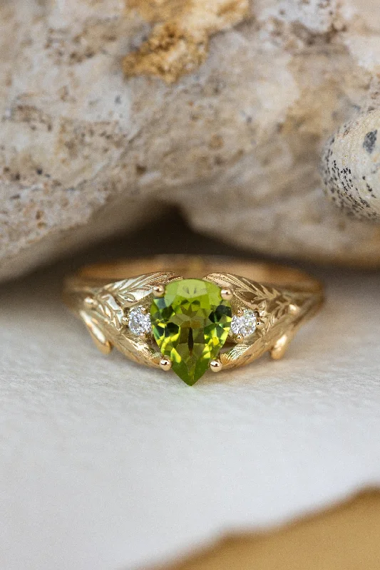 Peridot engagement ring, nature inspired gold ring with side diamonds / Wisteria