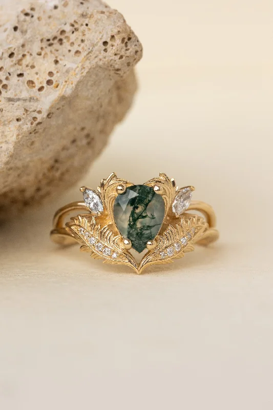 READY TO SHIP: Adonis ring in 18K yellow gold, pear cut moss agate, accent lab grown diamonds, RING SIZES: 6.5 - 9.5 US