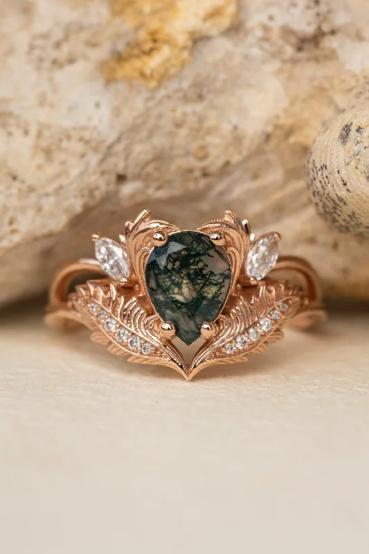 READY TO SHIP: Adonis ring in 14K rose gold, moss agate pear cut, accent lab grown diamonds, RING SIZE: 5.75 - 8.75 US