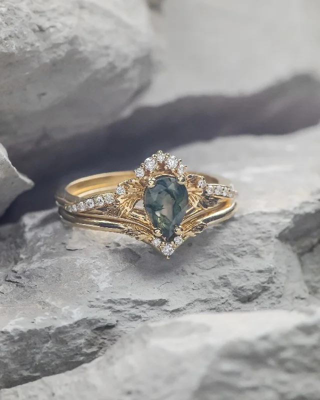 READY TO SHIP: Amelia in 14K yellow gold, bridal ring set with natural green moss agate and diamonds, AVAILABLE RING SIZES: 6-8 US