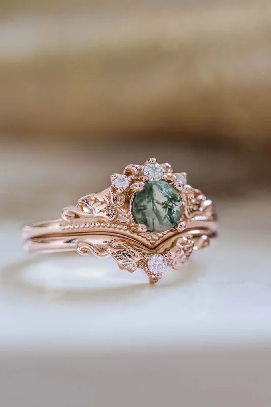 READY TO SHIP: Ariadne bridal ring set in 18K rose gold, natural moss agate 5 mm, accents moissanites, AVAILABLE RING SIZES: 8.5 - 11.5 US