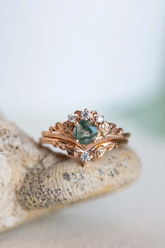 READY TO SHIP: Ariadne bridal ring set in 14K rose gold, natural moss agate 5 mm, accents moissanites, AVAILABLE RING SIZES: 4 - 7 US