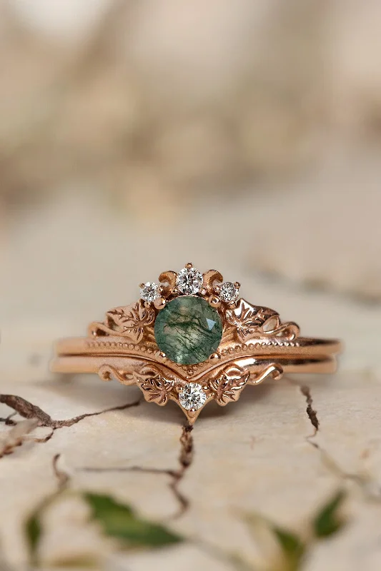 READY TO SHIP: Ariadne bridal ring set in 14K rose gold, round moss agate, accents lab grown diamonds, AVAILABLE RING SIZE: 8.5 - 11.5 US