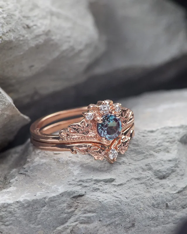 READY TO SHIP: Ariadne bridal ring set with alexandrite and lab grown diamonds, 14K rose gold, RING SIZES: 5.5 - 10.25 US