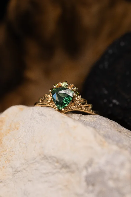 READY TO SHIP: Ariadne engagement ring in 14K yellow gold, natural green/teal sapphire, accent natural green sapphires, AVAILABLE RING SIZES: 7.5 - 10.5 US