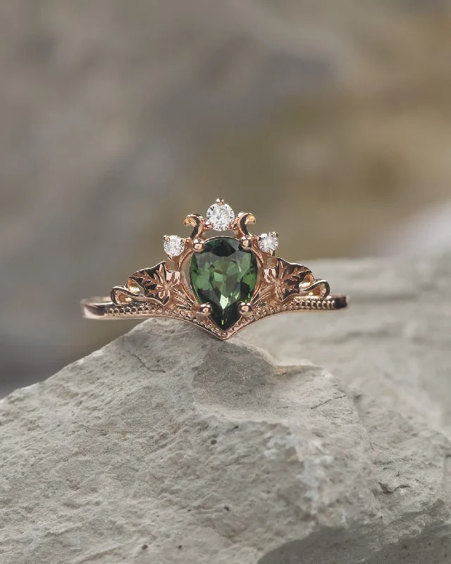 READY TO SHIP: Ariadne engagement ring with natural green sapphire and lab diamonds, 14K rose gold, RING SIZES: 5.5 - 8.5 US