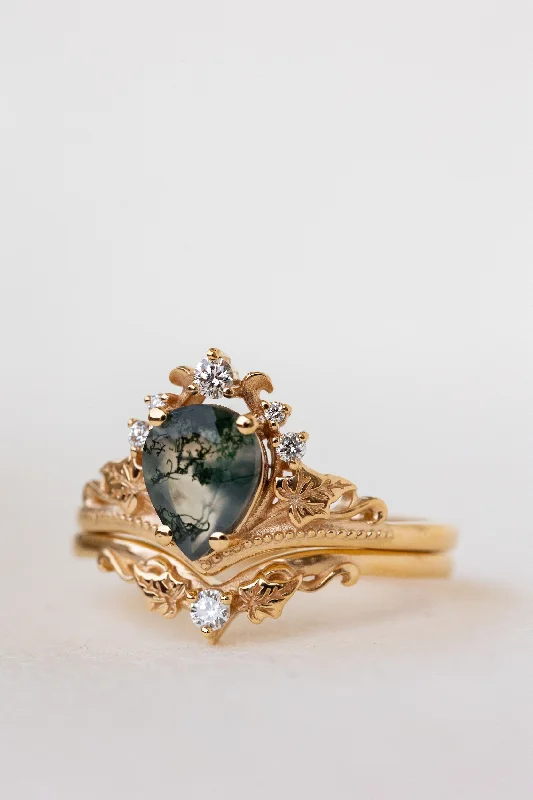 READY TO SHIP: Ariadne ring set in 18K yellow gold, pear cut moss agate, accent lab grown diamonds, RING SIZE:  5.5 - 8.5 US