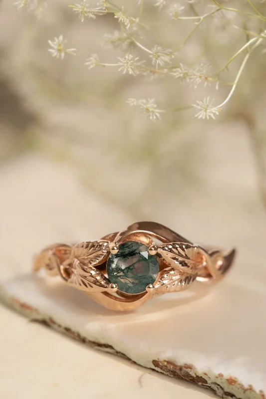 READY TO SHIP: Azalea ring in 14K rose gold, natural moss agate round cut 5 mm, AVAILABLE RING SIZES: 3.25 - 9.5 US