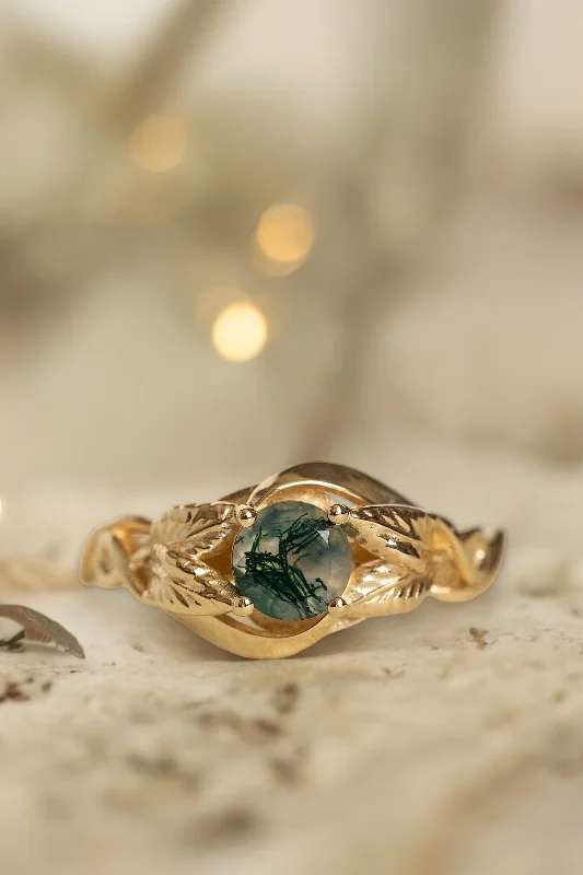 READY TO SHIP: Azalea ring in 14K yellow gold, natural moss agate round cut 5 mm, AVAILABLE RING SIZES: 3.5 - 9.5 US