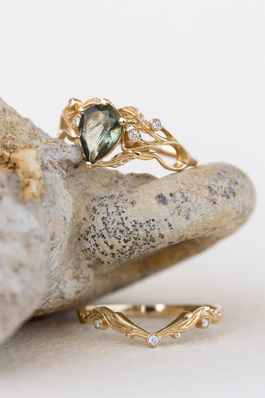 READY TO SHIP: Callisto bridal ring set in 14K yellow gold, unique rutile peridot and accent lab grown diamonds, RING SIZE 5 - 8 US