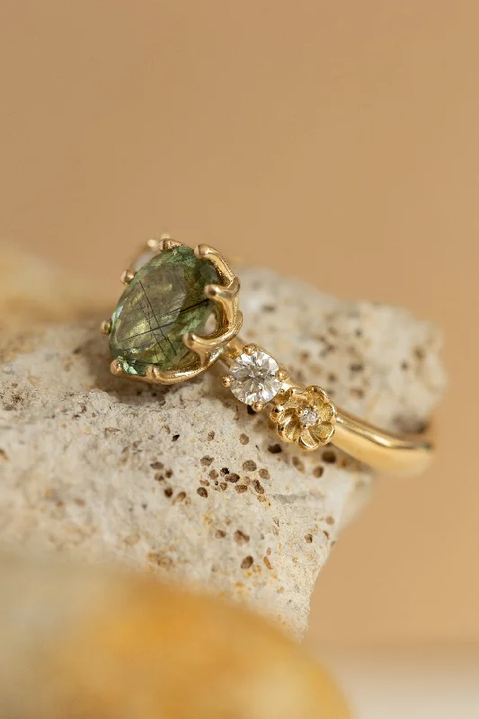 READY TO SHIP: Fiorella rutile peridot engagement ring, flower engagement ring with moissanites, RING SIZES: 5 - 8 US